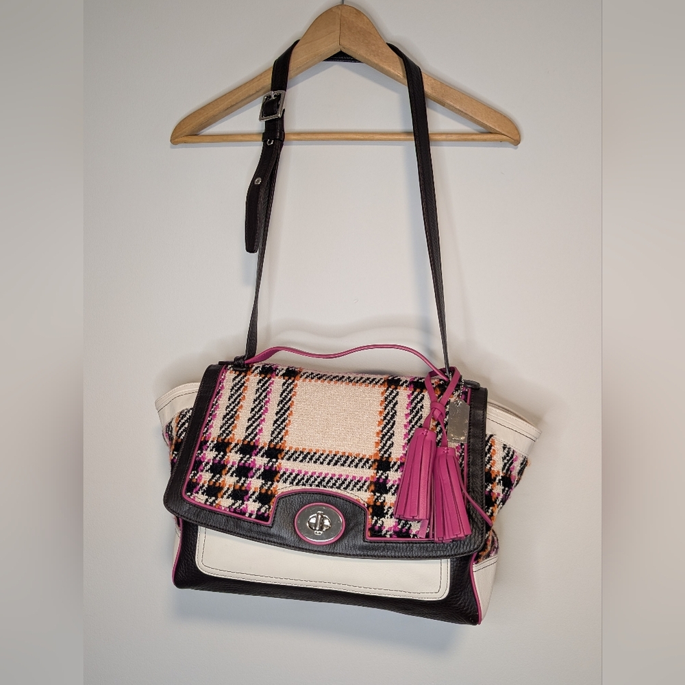 Authentic Coach Tweed Pink and Brown Two Way Shoulder Bag Leather #21142